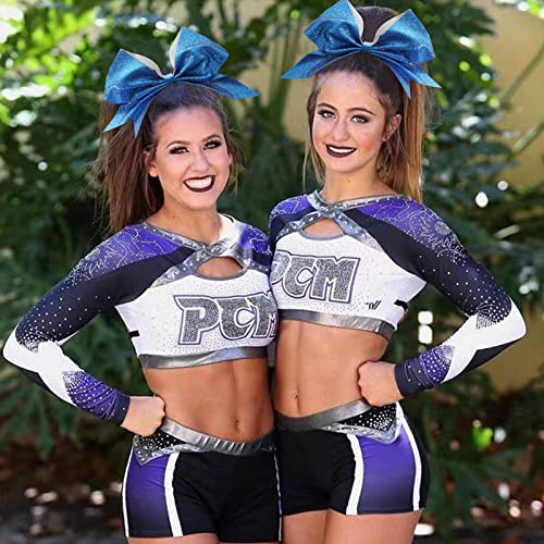 16PCS 8" Large Glitter Cheer Bows for Cheerleaders, CN Sparkly Hair Bows with Elastic Hair Ties Accessories for Teens Girls Women Cheerleading Softball Competition Sports (Blue)