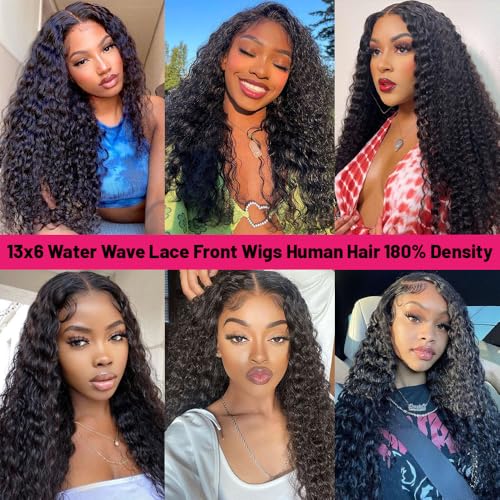 Water Wave Lace Front Wigs Human Hair 13x6 Full Frontal HD Transparent Human Hair Lace Front Wigs for Women 180% Density Deep Curly Human hair Wigs Wet And Wavy Pre Plucked with Baby Hair 30 Inch