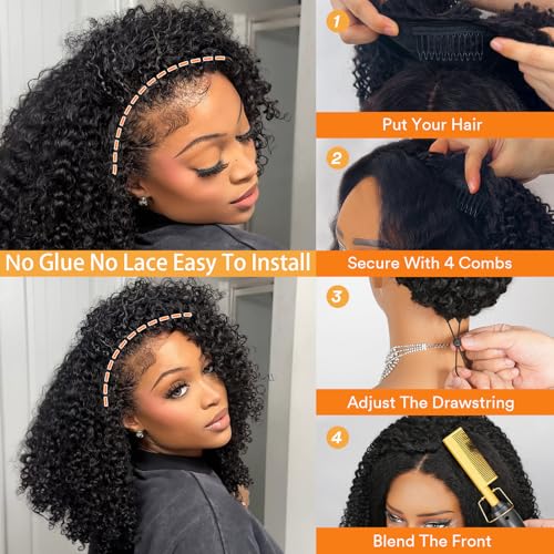 Kinky Curly Half Wig Human Hair 250% Density 16 Inch Burmese Kinkycurly Wig Human Hair,3 In 1 Seamless Flip Over Drawstring Ponytail Headband Wig Human Hair Glueless Wear and Go