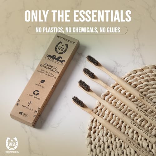 Western SOL Horse Bristle Bamboo Toothbrushes (4-Pack) ? Luxury Toothbrush - Plastic-Free, Biodegradable, Eco-Friendly ? No Chemicals