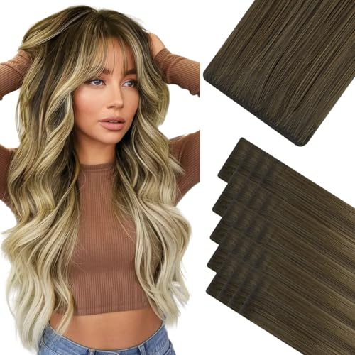 HOTBANANA Invisi Edge Tape in Hair Extensions Human Hair, 24inch 50g 20pcs Ombre Walnut Brown to Ash Brown and Bleach Invisible Tape in Extensions Straight Seamless Real Remy Hair Injected