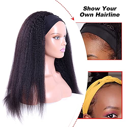 Headband Wigs Human Hair 180% Density 12A Kinky Straight Human Hair Headband Wigs For Black Women Yaki Straight Human Hair Wigs With Headband Attached Natural Black Color 24 Inch