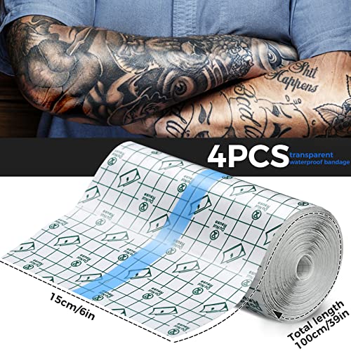 Tattoo Aftercare Waterproof Bandages, 6" x 4.4 Yard Tattoo Cover Up Tape, Tattoo Supplies Second Skin Transparent Film Healing Protective Clear Sterile and Safe Bandages 4 Rolls (6" x 1.1 Yard/Roll)