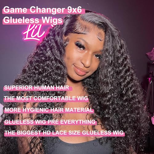 BLY Glueless Wigs Human Hair 9x6 M-Cap Wig Max Parting HD Lace Pre Cut Wig for Women Pre Plucked, Bleached Tiny Knots Deep Wave Curly Lace Front Wigs Wear Go 180% Density 22 Inch