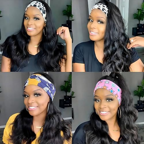 28 Inch Headband Wig Human Hair Body Wave Headband Wigs for Black Women Brazilian Virgin Hair Wear and Go Glueless Wig None Lace Front Wigs for Beginners 150% Density Natural Black (Black, 28 Inch)
