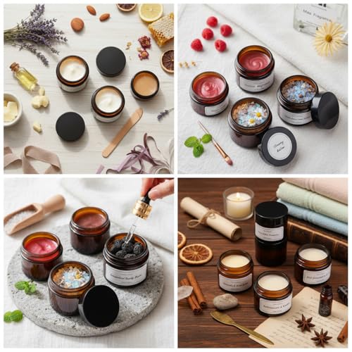 Layhit 24 Pcs 2 oz Glass Jars with Lids Bulk, Small Jars Containers Travel Storage Jar with Inner Liners Labels for Candle Scrubs, Lotions, Cream, Lip Balm (Amber,Black Lid)