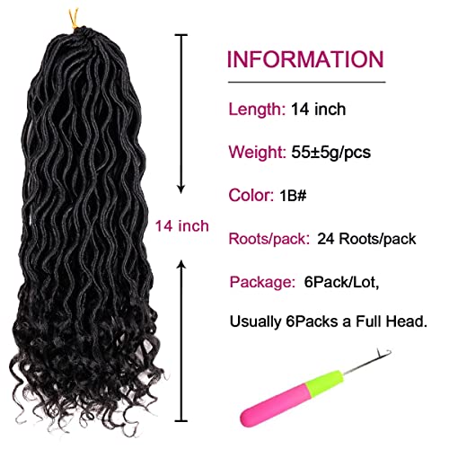 Goddess Locs Crochet Hair - 6 Packs 14 Inch Curly Faux Locs Crochet Hair For Black Women, Pre Looped Crochet Hair Wavy Faux Locs Synthetic Braids Hair Extensions(14Inch, 1B#)