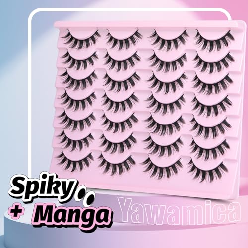 Yawamica Wispy Manga Lashes 8D Thick & Spiky False Eyelashes 15mm Doll Lashes Anime Eyelashes Style Natural Look 14 Pairs Pack Strip Lashes Look like Eyelash Extension
