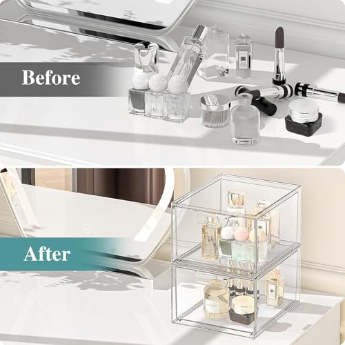 2 Pack Stackable Makeup Organizer and Storage, Acrylic Organizers£¬Clear Plastic Storage Drawer with Handles for Vanity, Undersink, Kitchen Cabinets, Pantry