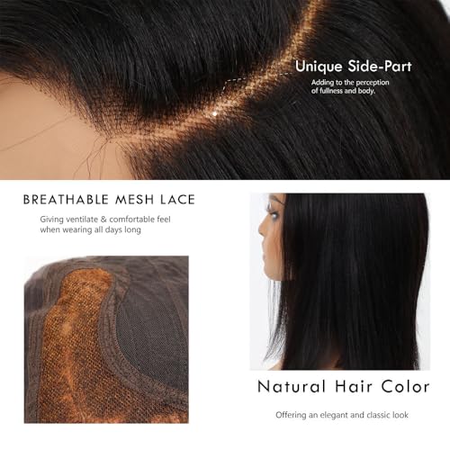 12 inch 5x5 Lace Closure Yaki Side Part Vietnamese Human Hair Wig, Pre-Bleached Pre Plucked HD Lace Wig 180% Density, Pre Cut Lace Wig Short Black Blunt Cut Bob Wigs