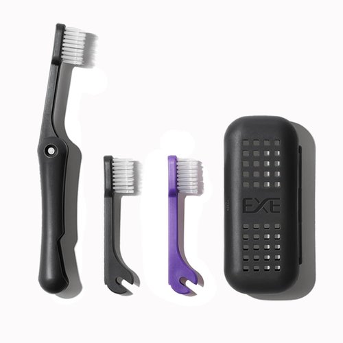 Minibox Folding Travel Toothbrush with Dual-Length Bristles & Case, Compact Mini Design for Business Trips, Camping, and Outdoor Activities, 1 Pack with 2 Extra Replaceable Brush Heads, Black & Purple