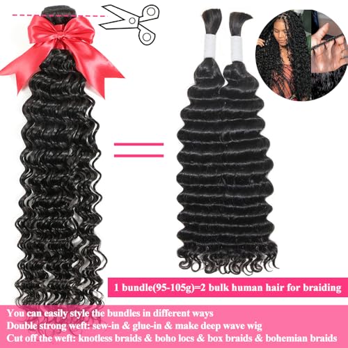 12A Deep Wave Single Bundles Human Hair 16 Inch Brazilian Curly 1 Bundles Human Hair 100% Unprocessed Virgin Wet and Wavy Hair Weave 1B Black
