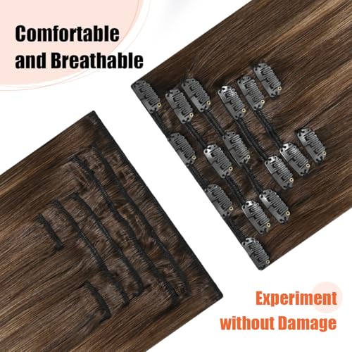 Balayage Hair Extensions Real Human Hair, Ombre Medium Brown Fading to Caramel Blonde 20 inches 120g Highlights 100% Human Hair Natural Straight Woman Beauty Clip ins #4/27/4