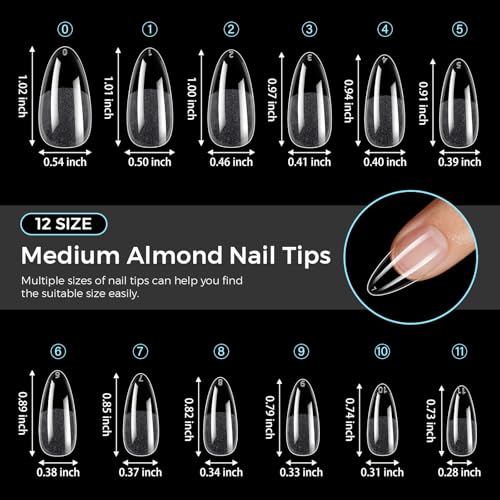 TOMICCA Almond Gel Nail Tips, Half Matte Pre Shaped No Filing Medium Almond Nail Tips, 240 Pcs Gel Tips 12 Sizes, Clear Acrylic Tips for Nail Art, Nail Extension at Home, For Beginners