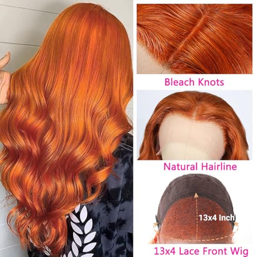 13x4 Orange Ginger Lace Front Wigs Human Hair Pre Plucked Body Wave Wig Brazilian Colored Human Hair Wigs for Black Women Invisible Transparent Lace Frontal Wigs 180% Density (28 Inch)