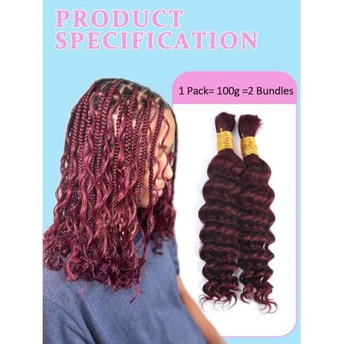 Burgundy Human Braiding Hair for Boho Braids 2 Bundles 20 Inch 100g 99J Deep Water Wave Bulk Human Hair for Braiding Wet and Wavy Curly Bundles No Weft Micro Braiding Hair Human Hair Extensions