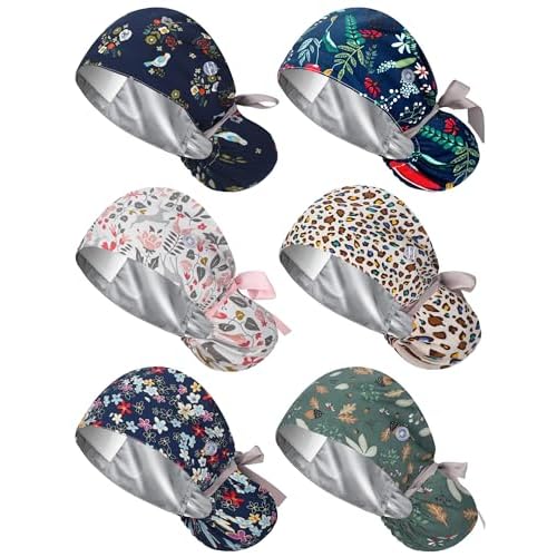 6 Pcs Satin Lined Scrub Caps Women Nurse Surgical Hat with Buttons Ponytail Working Adjustable Pouch Tie Back
