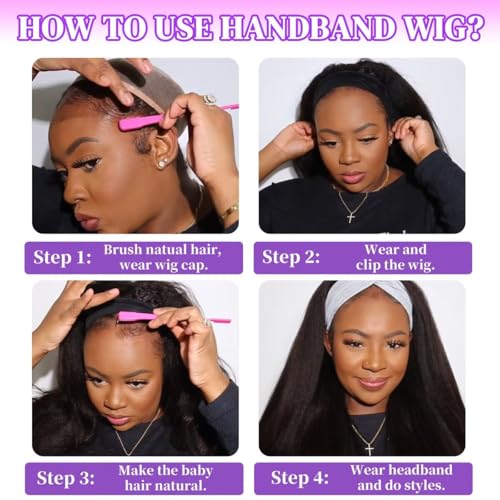 Headband Wig Human Hair Kinky Straight 26 Inch Yaki Straight Headband Wig 200% Density Glueless None Lace Front Wigs for Women Machine Made Wear and Go Wigs Headband Half Wigs Natural Color