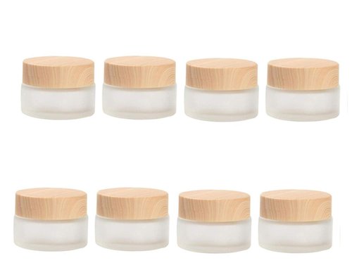 Healthcom 8 Pack 50 Gram/50 ml Round Empty Jars Frosted Glass Bottle Cosmetic Cream Jar Wood Grain Lid Cosmetic Container Glass Cream Box Refillable Lotion Cream Pot Jars for Makeup Lip Balm Eyeshadow
