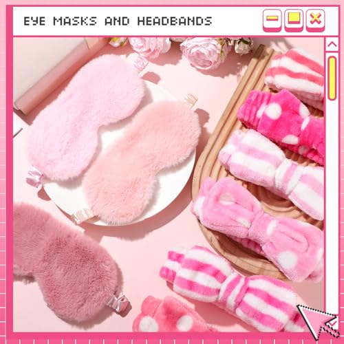 Newcotte Sleepover Party Supplies for Girls, 24 Pcs Includes Plush Sleep Eye Mask and Bow Hair Band, Fur Face Wash Headband Faux Fur Mask for Women (Cute Style)