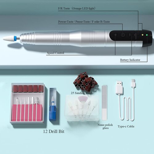 Electric Nail Drill Cordless, TOUCHBeauty Electric Nail File Machine Professional 12 in 1 for Acrylic Gel Nails, Manicure Pedicure Kit for Polishing Rechargeable (Silver)