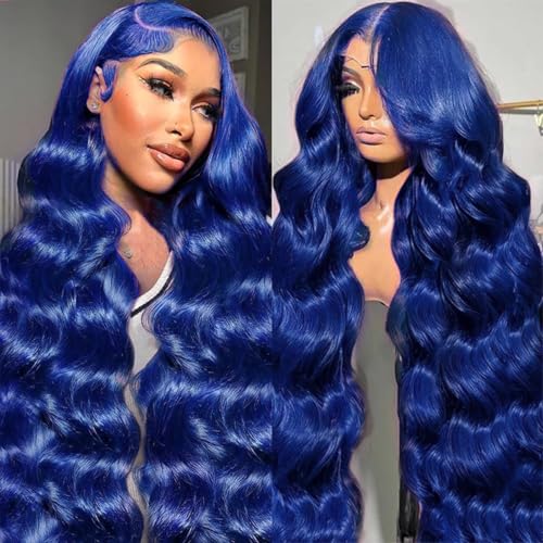 28 Inch Royal Blue Lace Front Human Hair 13x6 Lace Front Wigs Dark Blue Body Wave Wigs Pre Plucked with Baby Hair Dark Blue Colored Glueless Wig 200% Density