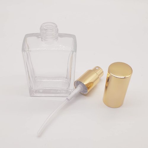 PimyRcyi 8PCS Square Glass Spray bottle,Small Refillable Container with Fine Mist srpayer,Perfume bottle (50ml, Clear+Gold)
