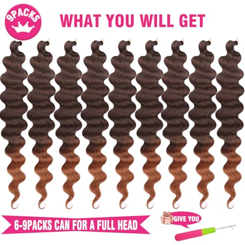 Unionbeauty 30 Inch 9 Packs Body Wave Braiding Hair Pre-Feathered Braiding Hair Ombre Ocean Deap Twist Synthetic Crochet Hair for French Curl Crochet Braids Easy Braids Hair Extension for Women (T30#)