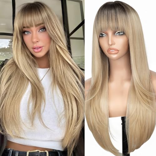 Nnzes Ombre Blonde 26-inch Long Wig with Bangs for Women - Straight Layered Style, Realistic Scalp, Freestyle Parting, Natural-Looking & Heat-Resistant Synthetic Hair for Daily and Party Use