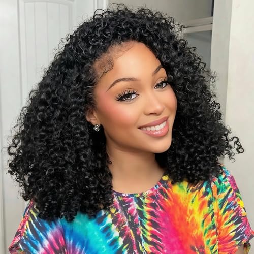 ZIYU Half Wig Human Hair - 200% Density Curly Half Wig 3 In 1 Wear Go Glueless Wigs 16 Inch Drawstring Seamless Kinky Curly Flip Over Headband Wig Human Hair Beginner Friendly