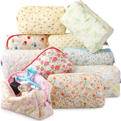 Paterr 10 Pcs Cotton Quilted Makeup Bag Bulk Cute Cosmetic Bag for Women Floral Gingham Coquette Aesthetic Travel Toiletry Pouch Bags Bridesmaid Gifts(Classic Style,7.87 x 4.72 x 3.15 Inches)