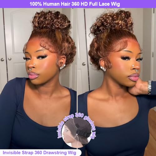 Ombre Honey Blonde 360 Lace Front Wigs Human Hair Invisi Strap Highlight Deep Wave Lace Front Wigs Human Hair 180 Density 360 HD Frontal Glueless Wigs Pre Plucked for Women 28 Inch