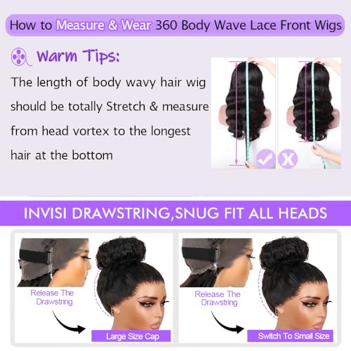 Body Wave 360 Lace Front Wigs Human Hair 28 Inch Hidden Strap HD Lace Front Wigs Human Hair 180 Density Drawstring 360 Full Lace Frontal Glueless Wigs Human Hair Pre Plucked Wig for Women