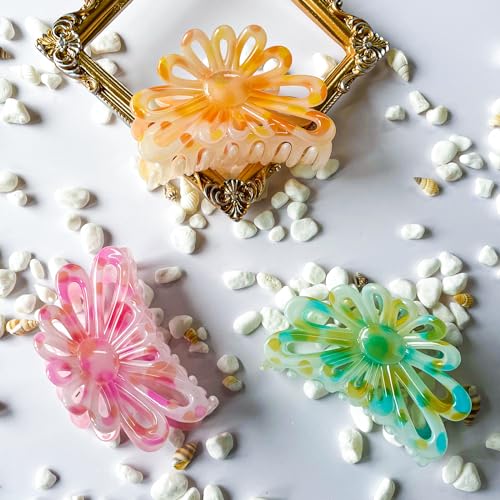 Flower Hair Claw Clips for Women/Girls, 3PCS 3.1" Big Cute Clips for Thick/Thin Fine Hair, Nonslip Strong Hold Hair Styling Accessories (A-colorful)