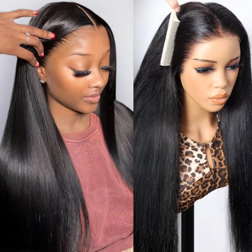 Pizazz 13x6 Straight Glueless Wig Human Hair Pre Plucked Pre Bleached Pre Cut Upgrade Invisible Drawstring Wig with Tapes 220 Density Ready to Go HD Frontal Human Hair Wigs for Women 20 Inch