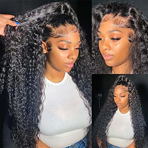 Deep Wave Lace Front Wigs Human Hair 13x4 HD Transparent Lace Frontal Curly Wigs for Women Human Hair 180% Density Glueless Wigs Human Hair Pre Plucked with Baby Hair Natural Color (30 Inch)