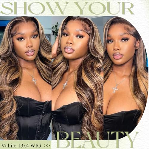 Ombre Lace Front Wigs Human Hair 13x4 Highlight 4/27 Body Wave Wig Pre Plucked Honey Brown Blonde Wig Human Hair with Free Part 180% Density Glueless Colored Wig for Women 32 Inch