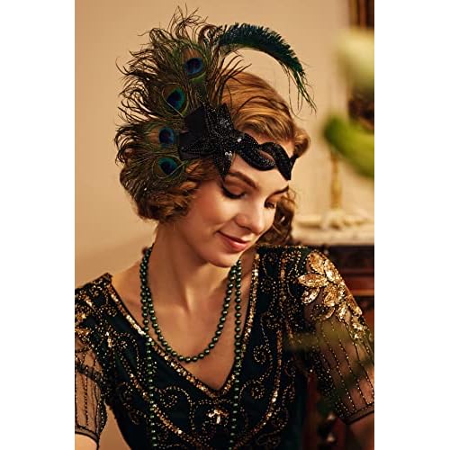 BABEYOND 1920s Flapper Headband Peacock Feather Headpiece Gatsby Accessories for Women Sequined Showgirl Headpiece