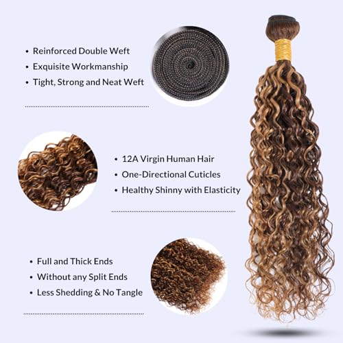 Highlight Honey Blonde Curly Bundles With Frontal 14 16 18+14 Inch, Water Wave 4/27 Ombre Color Bundles 13x4 Closure Ear to Ear Melt Lace, 100% Virgin Human Hair Wet And Wavy Brown Weave With Frontal