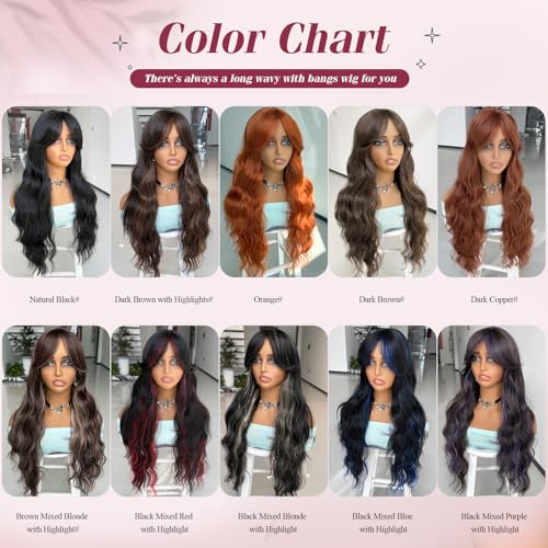 LEOSA Black Wig for Women,Long Wavy Layered Wig with Curtain Bangs 26 Inch Middle Part Curly Wavy Synthetic Wig for Daily Party Use,Natural Black