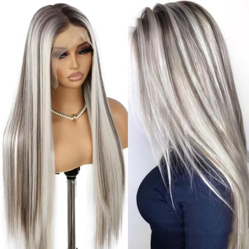 SAPPHIREWIGS Straight Synthetic Lace Front Wigs for Women Ombre Platinum Blonde Wigs with Brown Highlight Glueless 13¡¿6 Long Silky Straight Wig Pre-plucked Hairline Daily Use 26 Inches