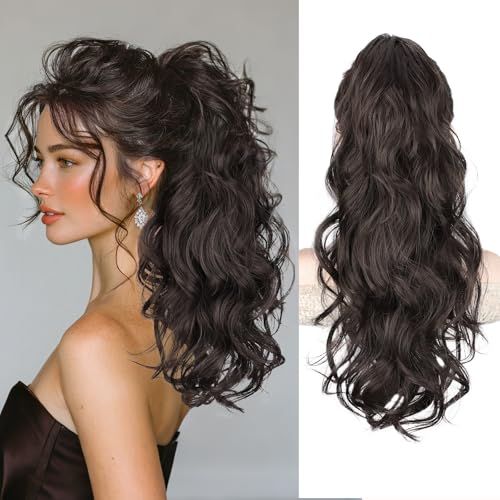 AISI BEAUTY Dark Brown Ponytail Extension, 20 inch Long Wavy Curly Claw Clip Ponytail Hair Extensions, Natural Synthetic Hairpiece for Women Daily Wear