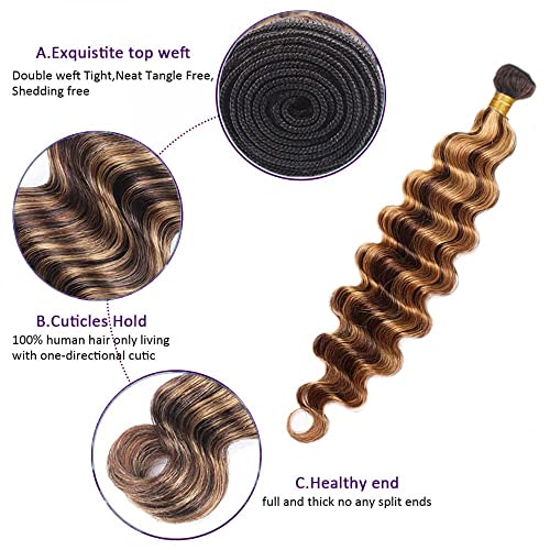 P4/27 Brazilian Human Hair Bundles Highlight Chocolate Honey Blonde 14 16 18 Inch Deep Wave Bundles Human Hair 12A Unprocessed Virgin Hair Bundles Sewn In Quick Weave for Black Women