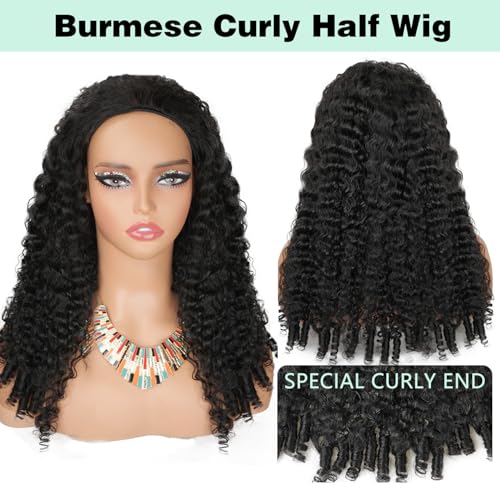 Canaryfly Burmese Curly Half Wigs for Women,3 In 1 Seamless Curly Human Hair Flip Over Half Wigs with Drawstring And Spiral End,200% Density Wear And Go Glueless Headband Wig,Beginner Friendly(26inch)