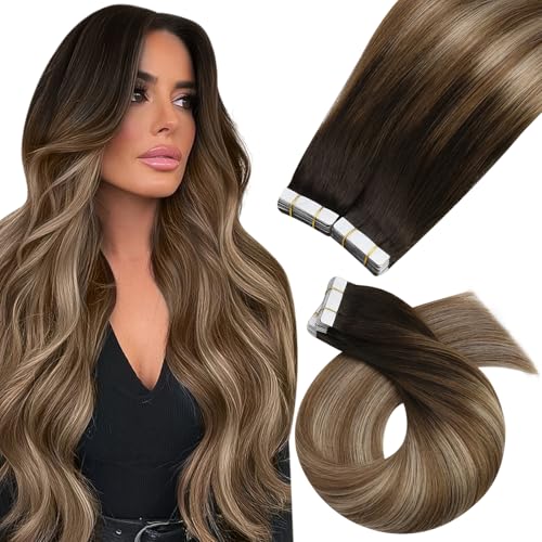 Moresoo Tape in Hair Extensions Brown Human Hair Tape in Extensions Balayage Brown and Blonde Long Thick Glue in Extensions Straight Silky Human Hair 40Pcs 100g 24 Inch