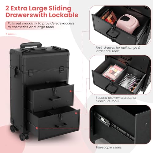 Large Rolling Makeup Train Case, Professional Travel Cosmetology Case on Wheels with Drawers, 3 Tiers Nail Organizers Storage Case for Nail Tech, Tattoo, Hairstylist, Makeup, Extra Large