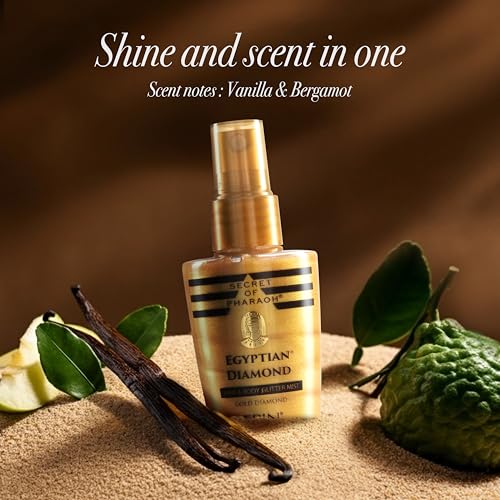 SECRET OF PHARAOH Egyptian Diamond Glitter Mist - Gold 2.37fl.oz | Hair, Face & Body Spray | Long-Lasting Quick-Dry Shimmer for Festivals, Raves, Clothes & Travel Essentials