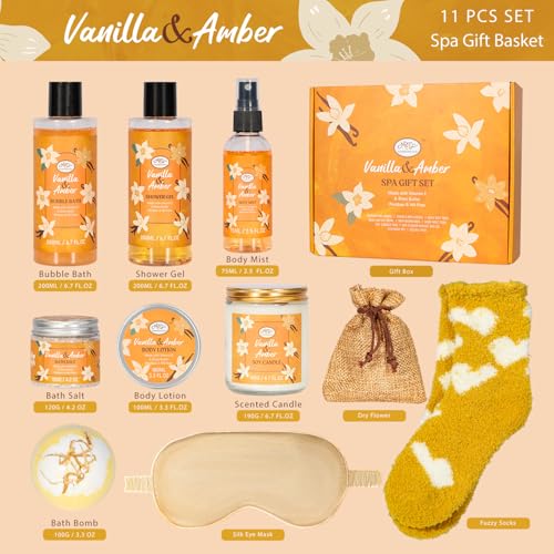 Bath Gift Set for Self Care, 11pcs Luxury Spa Gift Baskets for Women, Home Spa Essential W/ Bubble Bath, Body Lotion, Vanilla Amber Scented Candle, Birthday Gifts for Women, Mothers Day Gifts
