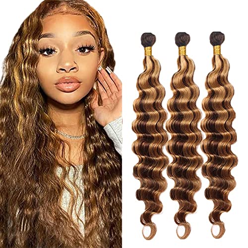 P4/27 Brazilian Human Hair Bundles Highlight Chocolate Honey Blonde 14 16 18 Inch Deep Wave Bundles Human Hair 12A Unprocessed Virgin Hair Bundles Sewn In Quick Weave for Black Women