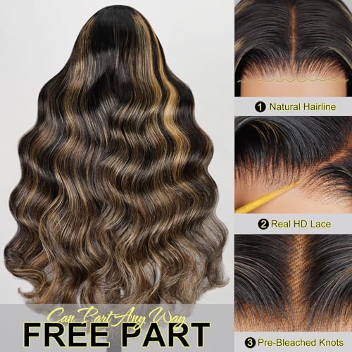 Arabella Balayage Lace Front Wig Human Hair 13x4 Rear to Go Glueless Wig 210% Density Body Wave Wigs 12A Balayage HD Lace Frontal Wig Pre Plucked With Baby Hair (22inch, 13X4 Body Wave)